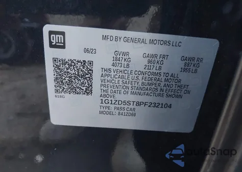 2023 Chevrolet Malibu Fwd 1Lt из США, поврежденный, VIN 1G1ZD5ST8PF232104